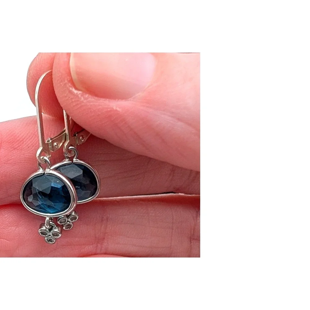 Sterling Silver 925 Blue Topaz Leverback Drop Earrings Infinity Mark 1 Inch